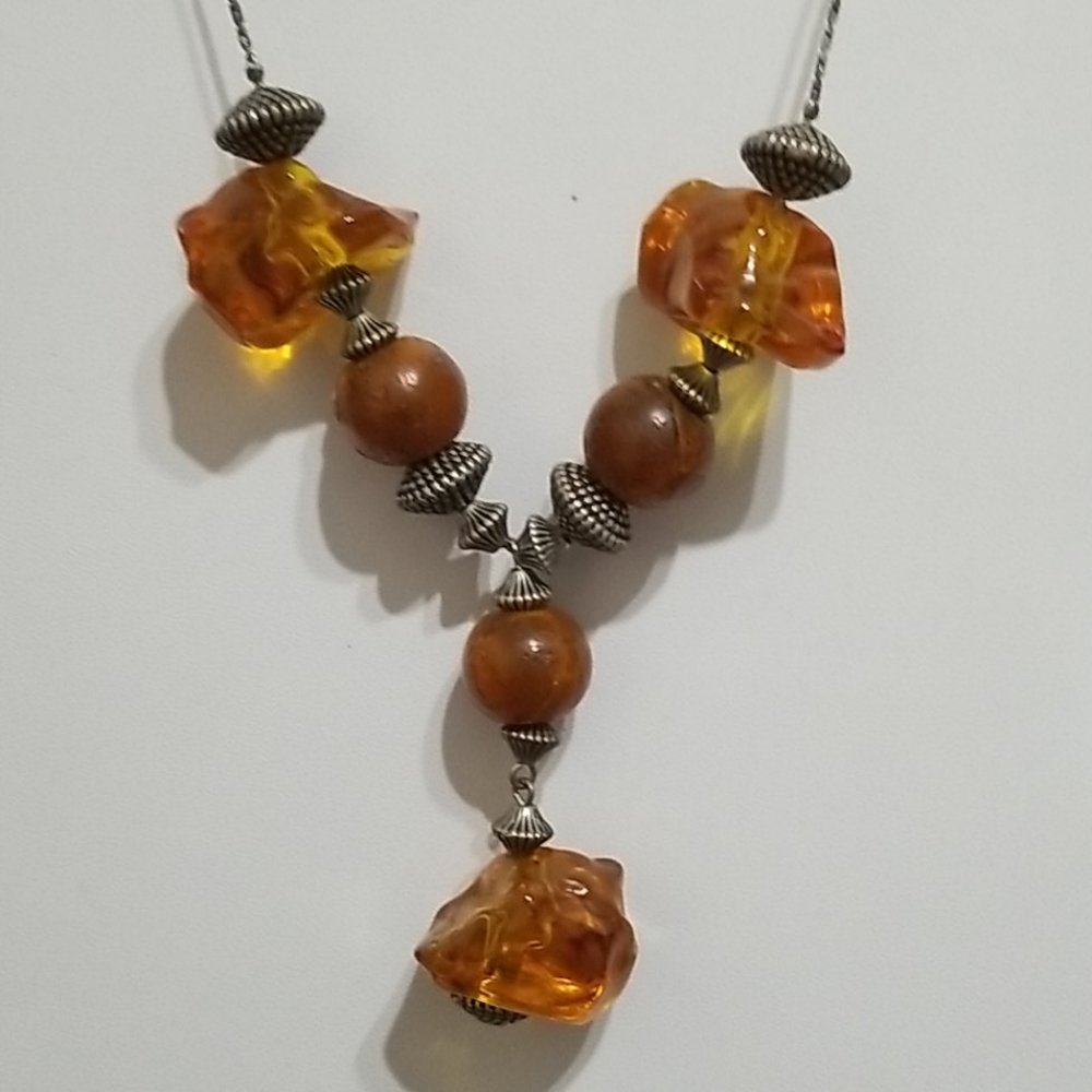 Long Faux Amber Bead Necklace
